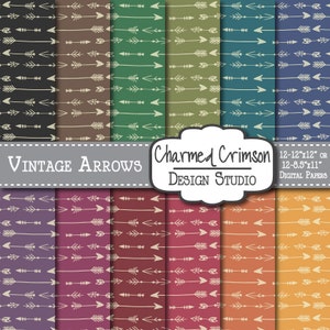 May include: Set of 10 digital paper patterns featuring vintage style arrows in various colors. The patterns are 12x12 inches or 12.8x11 inches. The text "Vintage Arrows" and "Charmed Crimson Design Studio" is included in the image.