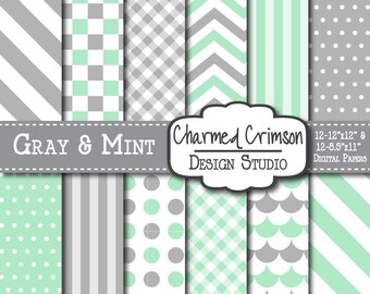 Miętowy papier cyfrowy, szary papier cyfrowy, zielony papier cyfrowy, zielony papier, papier cyfrowy, miętowy papier cyfrowy Chevron Gingham