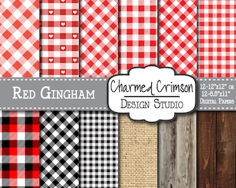 Summer Digital Paper, Red Gingham Paper, Picnic Table Cloth, Plaid Background, Checkered Digital Paper