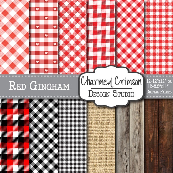 Summer Digital Paper, Red Gingham Paper, Picnic Table Cloth, Plaid Background, Checkered Digital Paper