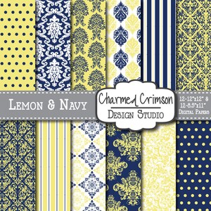 Navy Digital Paper, Damask Digital Paper, Yellow Digital Pattern, Floral Digital Paper, Wedding Digital Paper, Floral