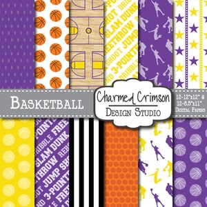 May include: A set of 10 digital papers featuring basketball-themed patterns. The papers include basketballs, basketball courts, stars, and stripes in purple, yellow, orange, and white.