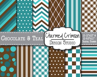 Brown Digital Paper, Teal Digital Paper, Blue Digital Pattern, Green Chevron Paper, Gingham Digital Paper