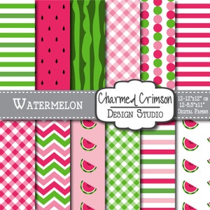 Watermelon Digital Paper, Pink Digital Paper, Summer Digital Pattern, Pink Gingham Paper, Green Digital Paper