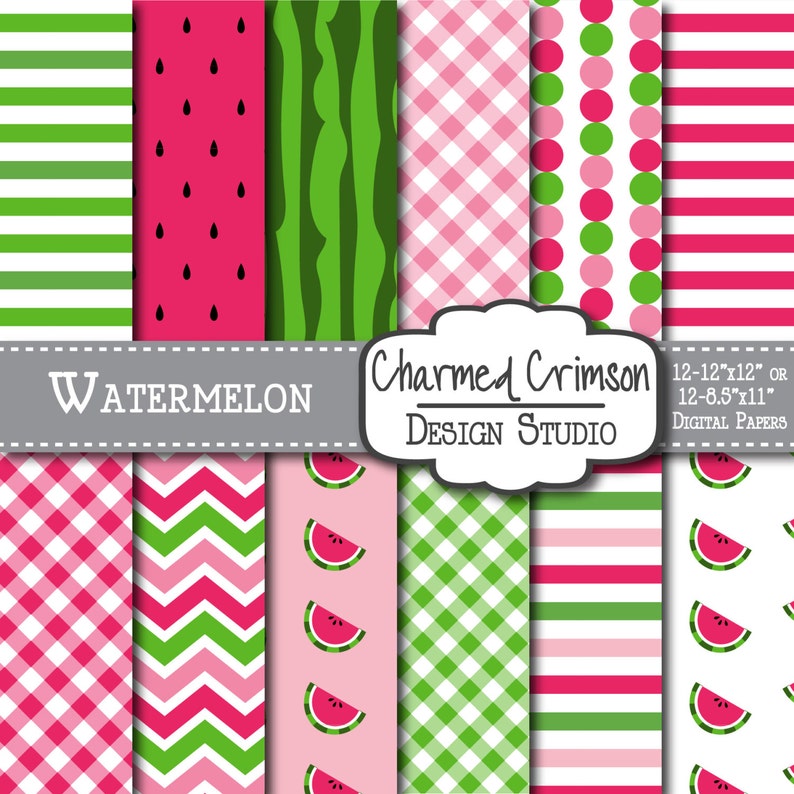 Watermelon Digital Paper, Pink Digital Paper, Summer Digital Pattern, Pink Gingham Paper, Green Digital Paper image 1