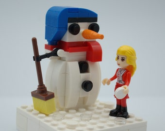 Snowman and Girl Christmas or Holiday decoration Handmade from Lego and Mega Bloks