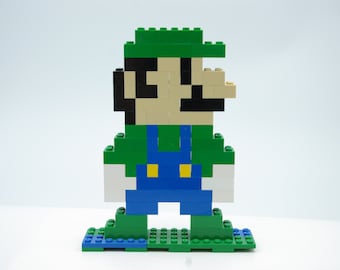 Large Mario Brothers Luigi Figure Handmade from Lego and Mega Bloks and other bricks