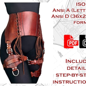 May include: A digital download pattern for a leather corset and garter belt. The pattern is available in ISO A4, ANSI Letter, and ANSI D formats. The pattern includes detailed step-by-step instructions and is available in PDF and DXF formats.