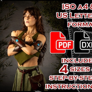 May include: A digital pattern for leather bracers and a pouch, available in ISO A4 and US Letter formats. The files include PDF and DXF versions, four distinct sizes, and step-by-step instructions for assembly. The design features brown leather.