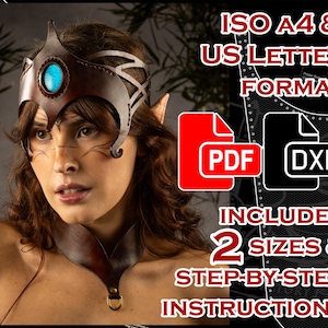 May include: A brown leather headpiece featuring a central blue gemstone, accompanied by a matching leather choker. The image includes text stating ISO A4 & US LETTER FORMAT, PDF, DXF, INCLUDES 2 SIZES & STEP-BY-STEP INSTRUCTIONS for a digital pattern.