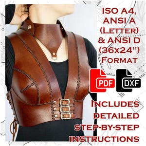 May include: A brown leather corset with a V-neckline and a buckle closure. The corset is designed with a stitched pattern and includes a matching leather choker. The image includes text: "ISO A4, ANSI A (LETTER) & ANSI D (36x24") FORMAT PDF DXF INCLUDES DETAILED STEP-BY-STEP INSTRUCTIONS".