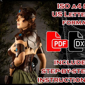 May include: A digital pattern set for leather armour including a headpiece, shoulder guards, arm cuffs, and a corset. The text reads ISO A4 & US LETTER FORMAT, PDF, DXF, and INCLUDES STEP-BY-STEP INSTRUCTIONS. The armour is brown with blue accents.