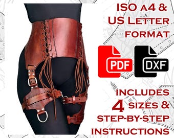 Può includere: Una cintura a corsetto in pelle marrone con allacciatura laterale e cinghie per le gambe dotate di fibbie metalliche e anelli a D. Il testo recita ISO A4 & US LETTER FORMAT, PDF, DXF, INCLUDES 4 SIZES & STEP-BY-STEP INSTRUCTIONS.