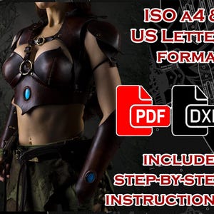 May include: A brown leather bodice with shoulder armor and arm bracers, adorned with turquoise accents. The image includes the text "ISO A4 & US LETTER FORMAT" and "INCLUDES STEP-BY-STEP INSTRUCTIONS" with PDF and DXF icons.