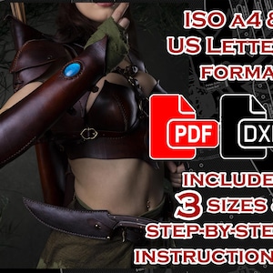 May include: A digital download product featuring a leather armor design. The image includes a PDF and DXF file, with ISO A4 and US Letter formats, and step-by-step instructions. The design includes three sizes. The armor is brown with a blue gem.