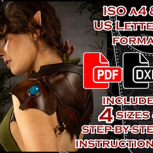 May include: A brown leather shoulder armor piece with a bright blue circular gem, featuring metal buckles and stitching. The digital file includes PDF and DXF formats, ISO A4 and US Letter sizing, and step-by-step instructions for assembly.