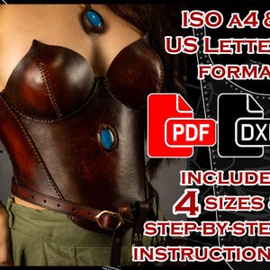 Peut inclure: Un corset en cuir marron foncé avec une pierre bleue centrale et un pendentif assorti. Le texte indique : ISO A4 & US LETTER FORMAT, PDF, DXF, INCLUDES 4 SIZES & STEP-BY-STEP INSTRUCTIONS. Le modèle comporte une ceinture à boucle.