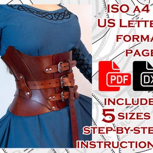 Puede incluir: Un patrón de descarga digital para un corsé de cuero con cinco tallas incluidas. El patrón está disponible en formatos PDF y DXF. La imagen muestra un corsé de cuero marrón con hebillas y un vestido azul.