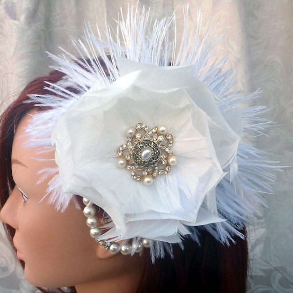 Fascinator Headpiece, Vintage Inspired Feather and Flower Great Gatsby Roaring 20's Flapper Hair Clip for Whimsical Autumn Fall Wedding OOAK