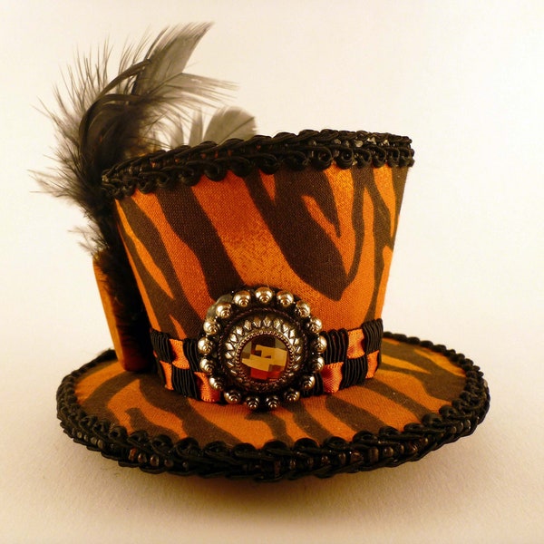 Mini Top Hat, Tiger Stripe Animal Print Mad Hatter Fascinator for Kid Alice In Wonderland Inspired Tea Party Photo Prop Drag Queen Performer