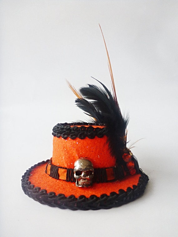 Mini Hat Hair Clip, Orange and Black Gothic Skull Feather  display picture 1