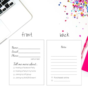 May include: White business card with the words "front" and "back" printed on it. The front of the card has fields for name, email, and phone, along with options for hosting a party or joining a group. The back has a notes section.