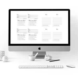 May include: A computer monitor displays a printable form with fields for name, email, and phone, along with checkboxes and lines for notes. The form is designed with a minimalist aesthetic, perfect for organizing information.