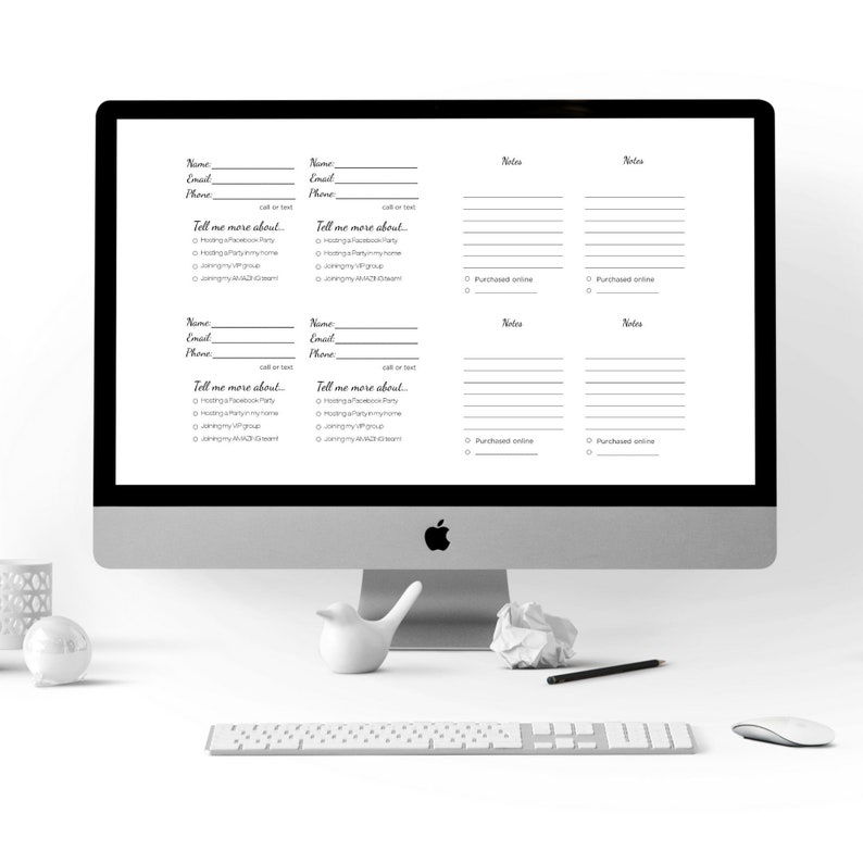 May include: A computer monitor displays a printable form with fields for name, email, and phone, along with checkboxes and lines for notes. The form is designed with a minimalist aesthetic, perfect for organizing information.