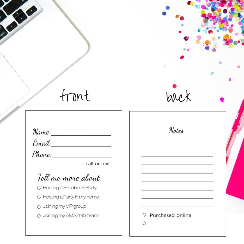 May include: White business card with the words "front" and "back" printed on it. The front of the card has fields for name, email, and phone, along with options for hosting a party or joining a group. The back has a notes section.