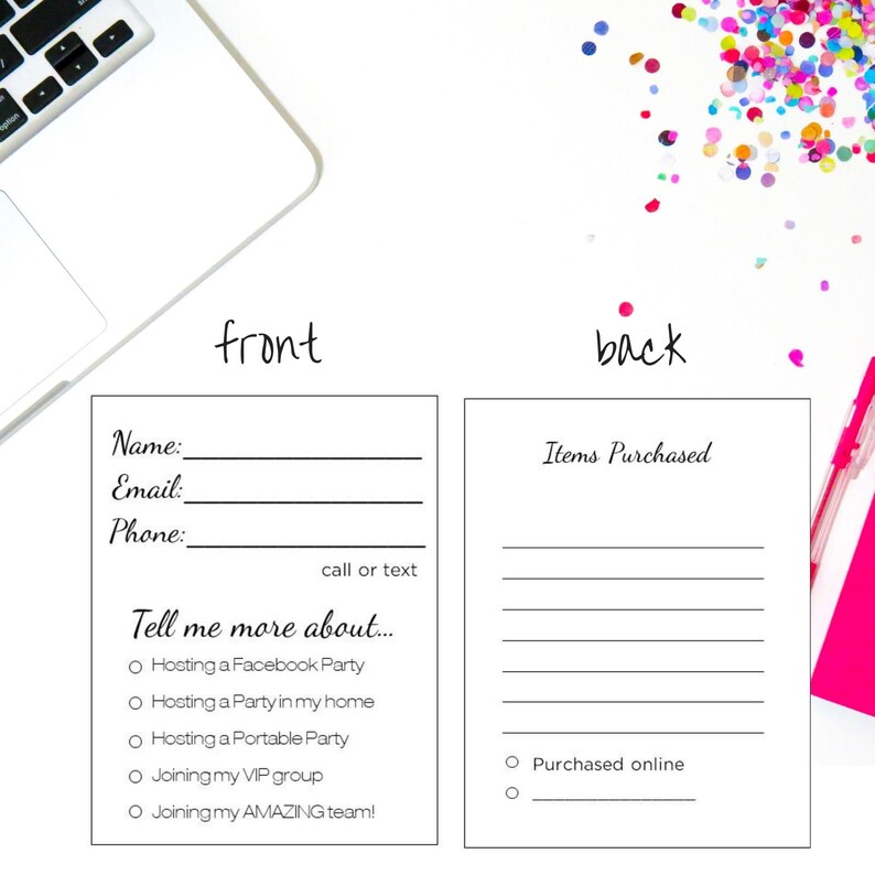 May include: Two white cards with black text, labeled "front" and "back." The front card has fields for name, email, and phone, with options to host a party. The back card has a section for items purchased. A laptop and confetti are in the background.