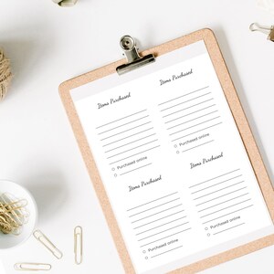 May include: A clipboard with a light brown wooden backing holds a white paper with the words "Items Purchased" printed in black. The paper has lines for writing and circles for checking "Purchased online."