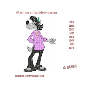 Machine Embroidery Downloadable design Nu Pogodi, cartoon wolf files in 4 sizes