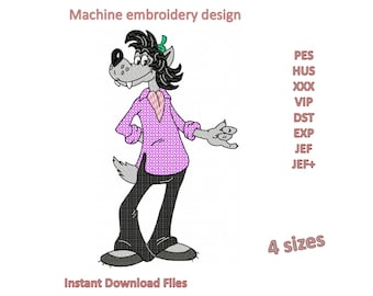 Machine Embroidery Downloadable design Nu Pogodi, cartoon wolf files in 4 sizes
