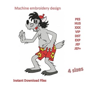 Machine Embroidery Downloadable design Nu Pogodi, cartoon wolf files in 4 sizes