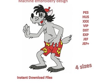 Machine Embroidery Downloadable design Nu Pogodi, cartoon wolf files in 4 sizes