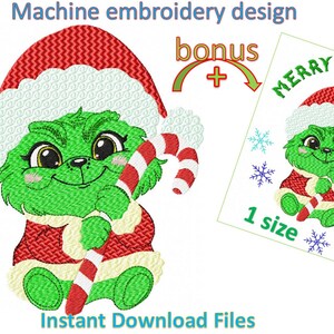 May include: Machine embroidery design featuring a green cartoon character wearing a Santa hat and holding a candy cane. The design includes the text "MERRY CHRISTMAS" and "1 size". The image also includes the text "Instant Download Files".