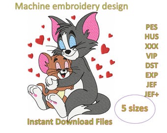 Cat and mouse embroidery machine design, instant download design in 5 sizes