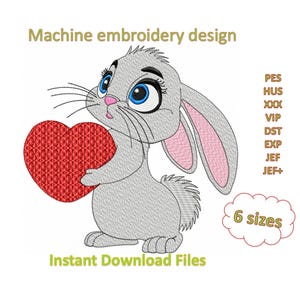 Bunny with heart machine embroidery design, Sweet Bunny in love in 6 sizes