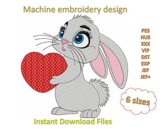 Bunny with Heart Machine Embroidery Design - 6 Sizes (Digital Download)