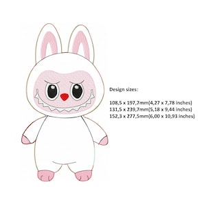 May include: A white cartoon bunny with pink inner ears, paws, and nose, and a menacing grin. The design sizes are 4.27 x 7.78 inches, 5.18 x 9.44 inches, and 6.00 x 10.93 inches.