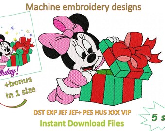 Minnie the mouse with present machine embroidery design,in 4 sizes