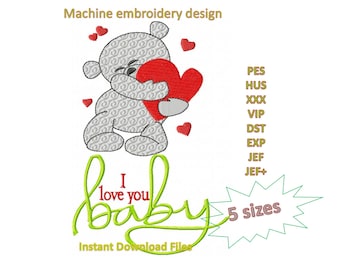 Teddy Bear Embroidery Design: I Love You Heart, 5 Sizes (Digital Download)