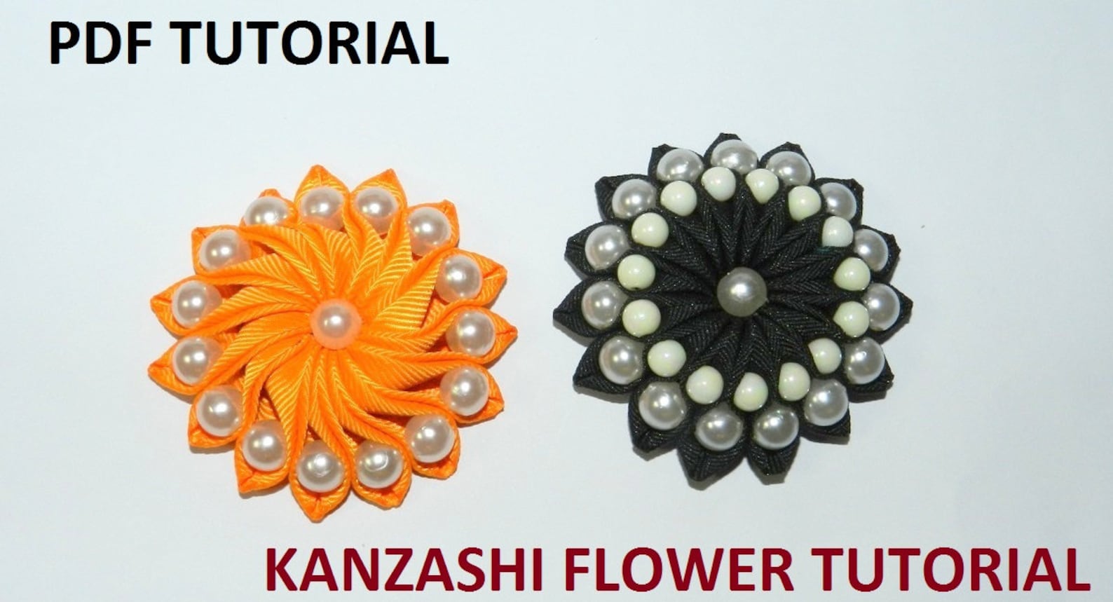 PDF Tutorial Grosgrain Ribbon Kanzashi Flower With Beads, Fabric Flower
