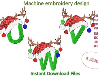 U,V,W letters, Christmas Alphabet Machine embroidery designs, in 4 sizes