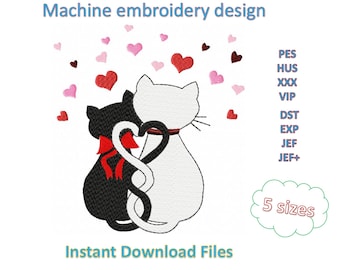 Cats and hearts embroidery machine design, instant download design in 5 sizes