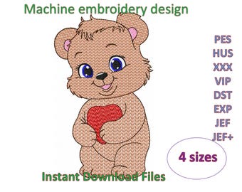 Teddy Bear Heart Embroidery Design, 4 Sizes (Digital Download)