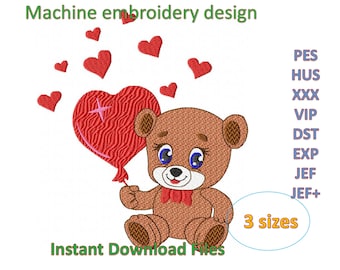 Teddy Bear with Hearts Machine Embroidery Design (Digital Download)