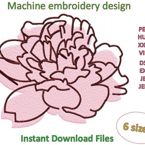 May include: Machine embroidery design of a pink peony flower with brown outlines. The design includes the text "Machine embroidery design" and "Instant Download Files". The image also lists embroidery file formats and "6 sizes".