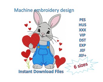 Rabbit with Hearts Machine Embroidery Design: Valentine's Day (Digital Download)