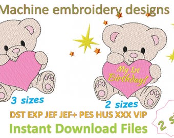 Teddy Bear Heart Embroidery Designs: 3 Sizes (Digital Download)